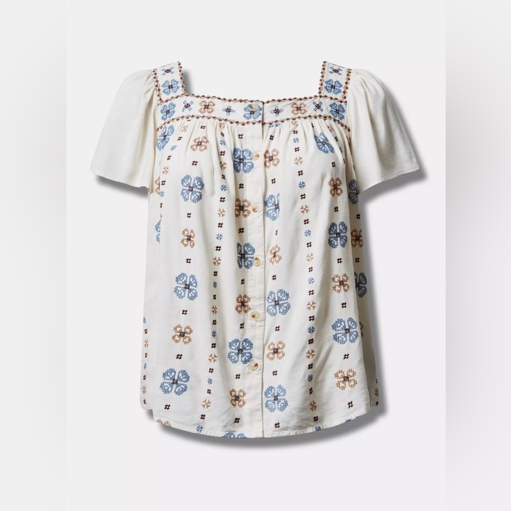 Torrid Linen Blend Embroidered Square Neck Flutter Short Sleeve Top Size 1 - Picture 4 of 11